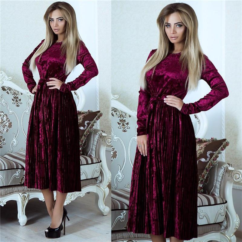 Damen elegantes Maxikleid aus luxuriösem Samt mit tailliertem Schnitt und langen Ärmeln R&B