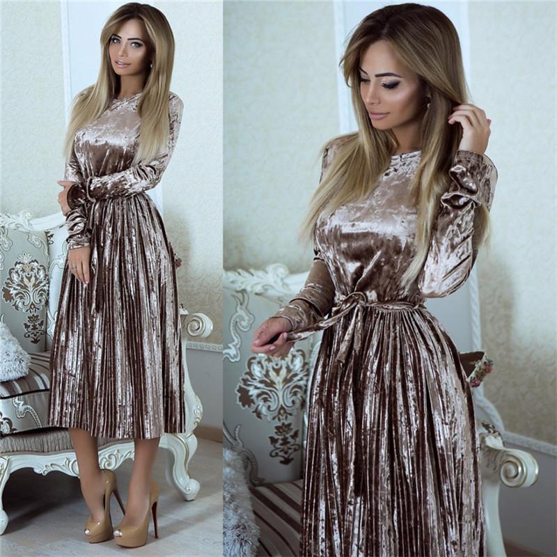 Damen elegantes Maxikleid aus luxuriösem Samt mit tailliertem Schnitt und langen Ärmeln R&B
