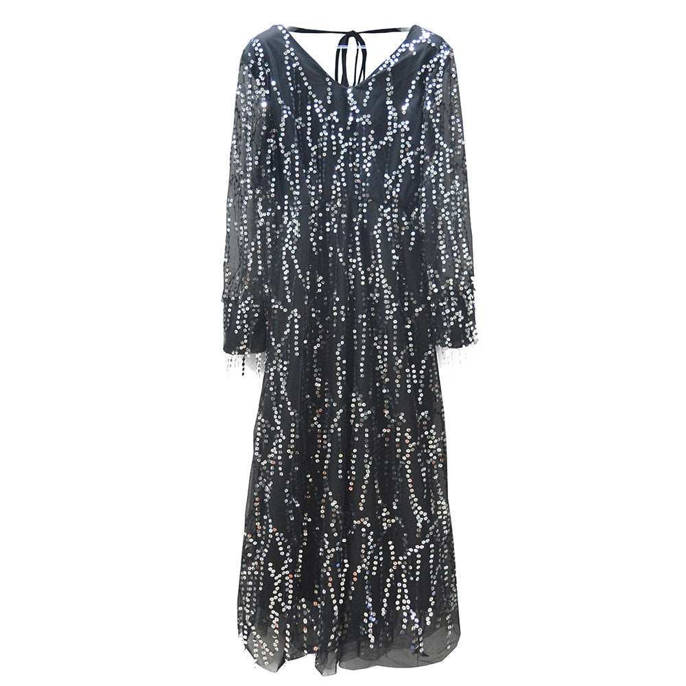 Damen Festliches Maxikleid mit funkelndem Paillettenbesatz und transparenten Ärmeln R&B