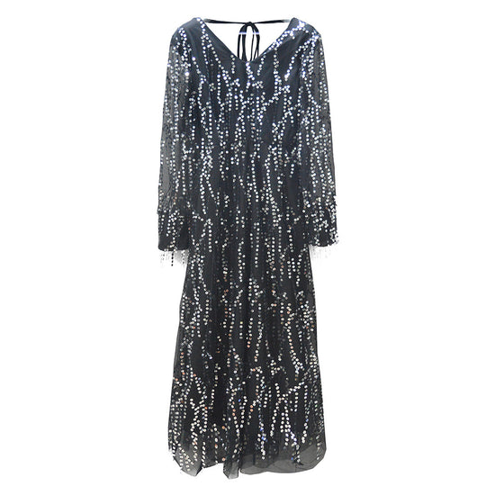 Damen Festliches Maxikleid mit funkelndem Paillettenbesatz und transparenten Ärmeln R&B