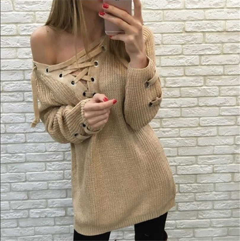 Damen Strickpullover mit einzigartigem Schnürdesign R&B