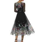 Damen Tüll Maxikleid mit floralen Applikationen und transparenten Ärmeln R&B