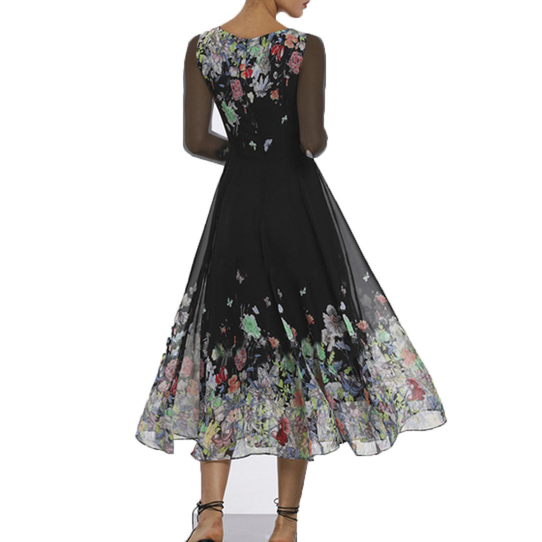 Damen Tüll Maxikleid mit floralen Applikationen und transparenten Ärmeln R&B