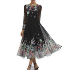 Damen Tüll Maxikleid mit floralen Applikationen und transparenten Ärmeln R&B