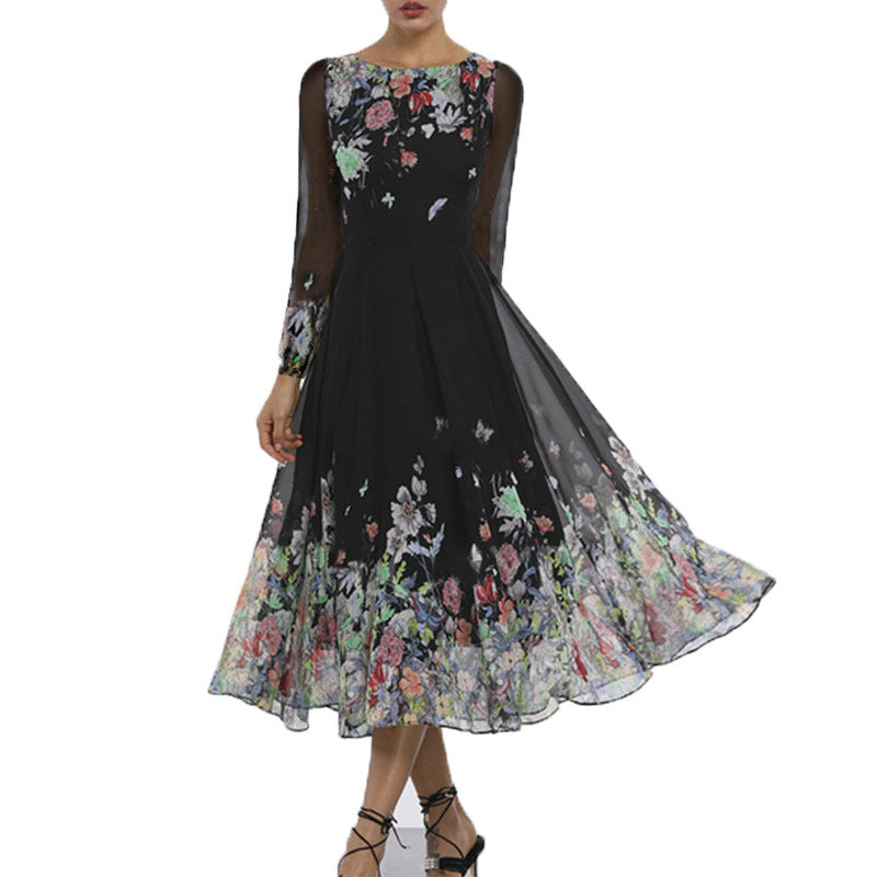 Damen Tüll Maxikleid mit floralen Applikationen und transparenten Ärmeln R&B