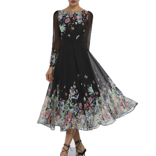 Damen Tüll Maxikleid mit floralen Applikationen und transparenten Ärmeln R&B