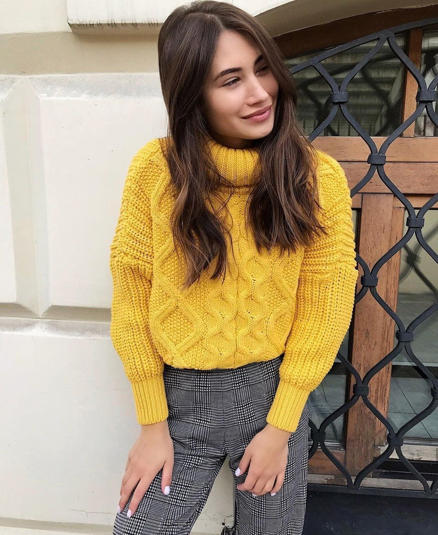 Damen Grobstrickpullover mit hohem Kragen und strukturiertem Zopfdesign R&B