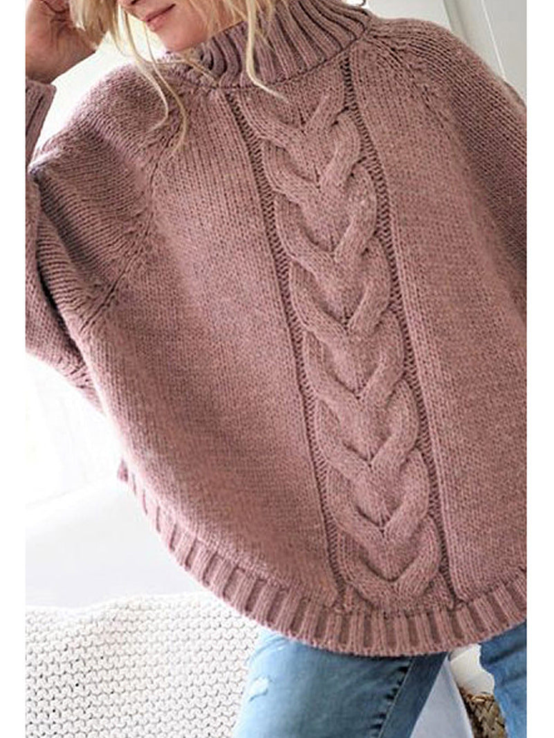 Damen Oversize Strickpullover mit hochgeschlossenem Kragen und detailliertem Zopfdesign R&B