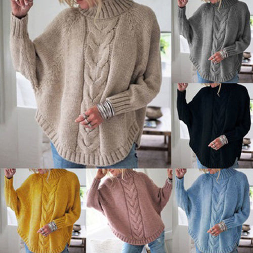 Damen Oversize Strickpullover mit hochgeschlossenem Kragen und detailliertem Zopfdesign R&B