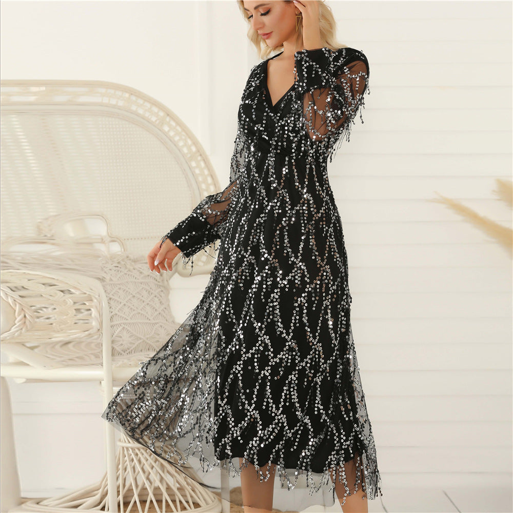 Damen Festliches Maxikleid mit funkelndem Paillettenbesatz und transparenten Ärmeln R&B