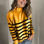 Damen lässiger Pullover mit modernem Stehkragen und dekorativen Knöpfen R&B