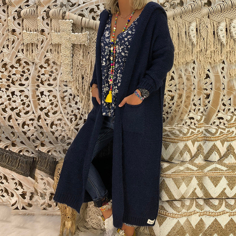 Damen Langarm-Strickmantel mit Kapuze und Taschen R&B