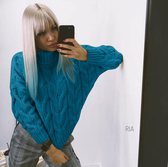 Damen Grober Strickpullover mit hohem Kragen R&B