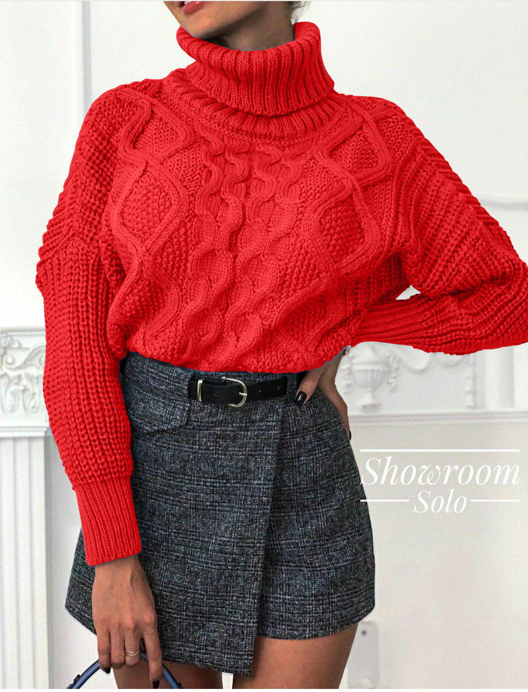 Damen Grobstrickpullover mit hohem Kragen und strukturiertem Zopfdesign R&B