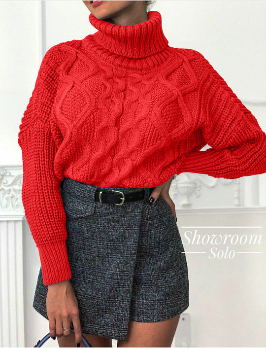 Damen Grobstrickpullover mit hohem Kragen und strukturiertem Zopfdesign R&B