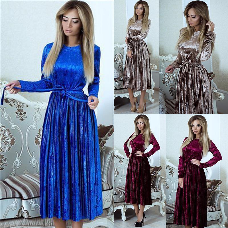 Damen elegantes Maxikleid aus luxuriösem Samt mit tailliertem Schnitt und langen Ärmeln R&B