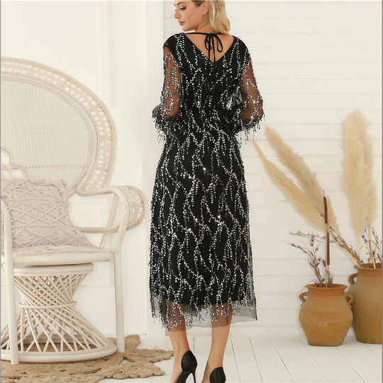 Damen Festliches Maxikleid mit funkelndem Paillettenbesatz und transparenten Ärmeln R&B