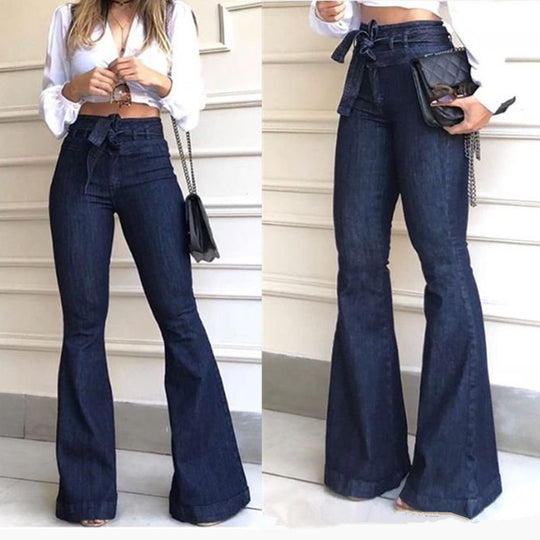 Damen Hoch geschnittene Flared Jeans mit stylischem Gürtel und ausgefranstem Saum R&B