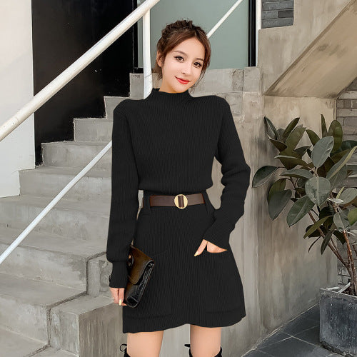 Damen Strickkleid mit hochgeschlossenem Kragen und praktischen Taschen R&B