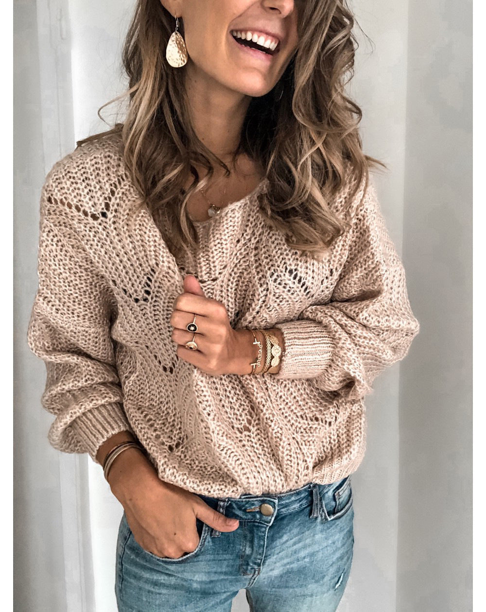 Damen strickpullover mit romantischem Zopfmuster und lockerer Passform R&B
