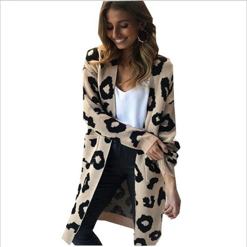 Damen Eleganter Strickcardigan mit Leopardenmuster R&B