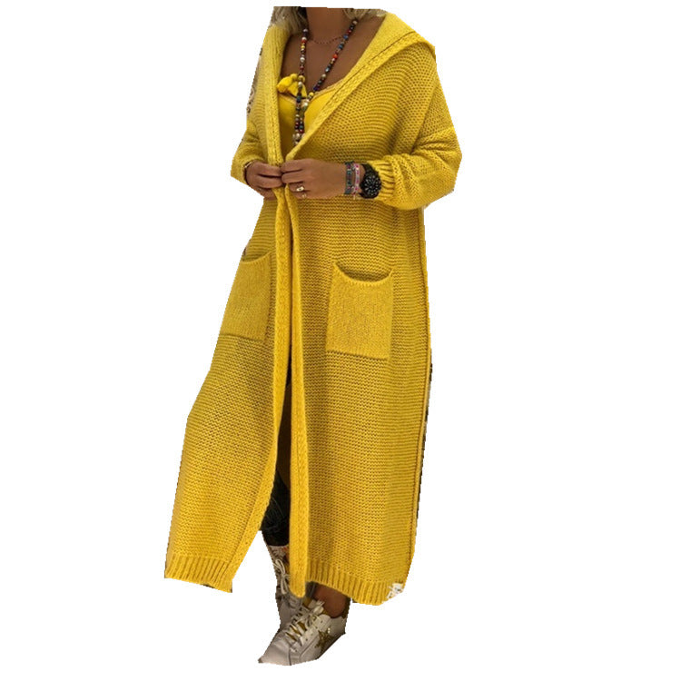 Damen Langarm-Strickmantel mit Kapuze und Taschen R&B