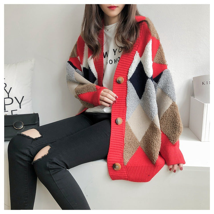 Damen Grobstrick Cardigan mit geometrischem Muster und großen Taschen R&B