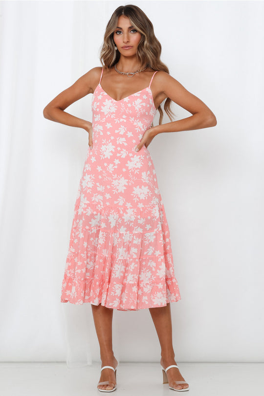 Damen Midi-Kleid mit floralen Rüschen und schwingendem Rock R&B
