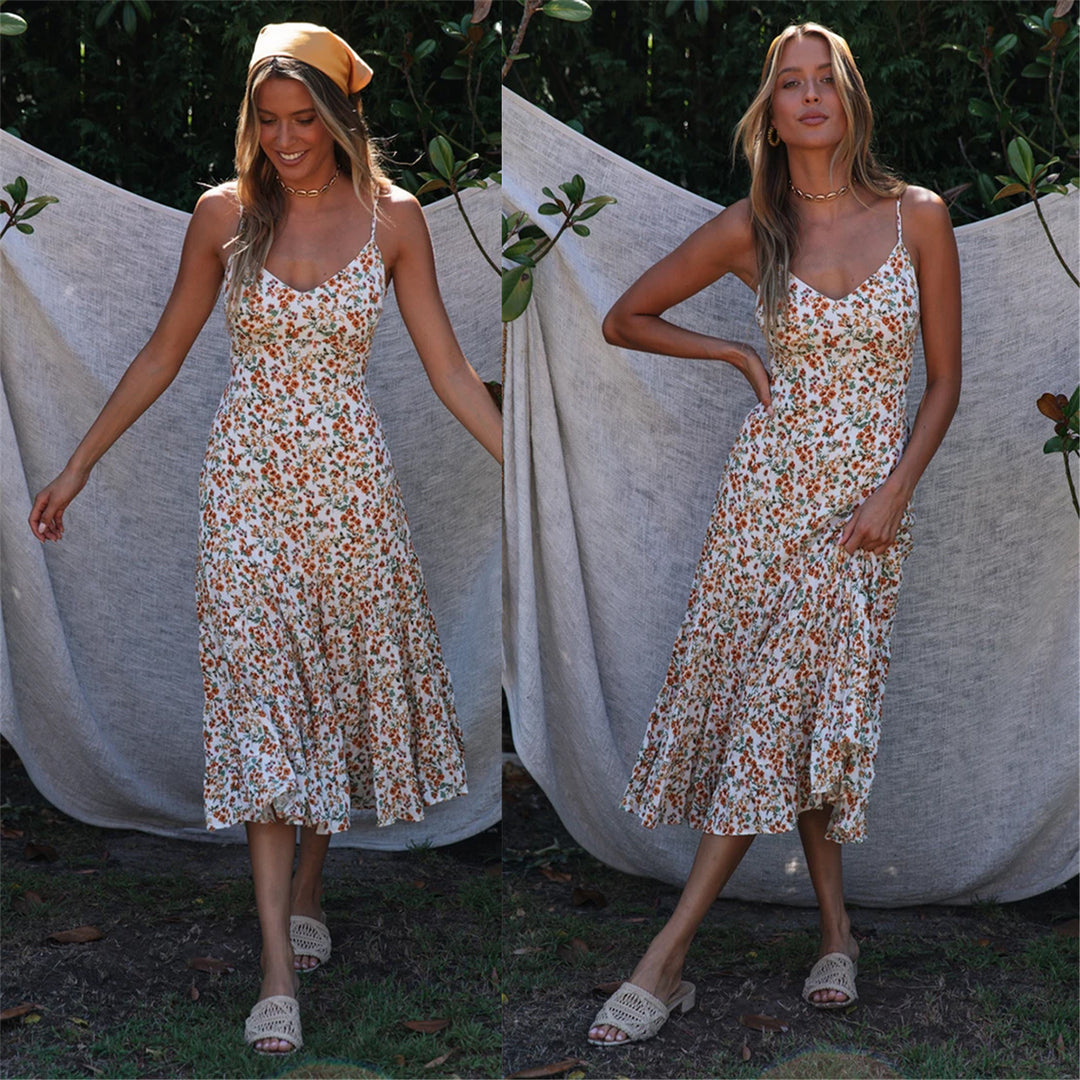 Damen Midi-Kleid mit floralen Rüschen und schwingendem Rock R&B