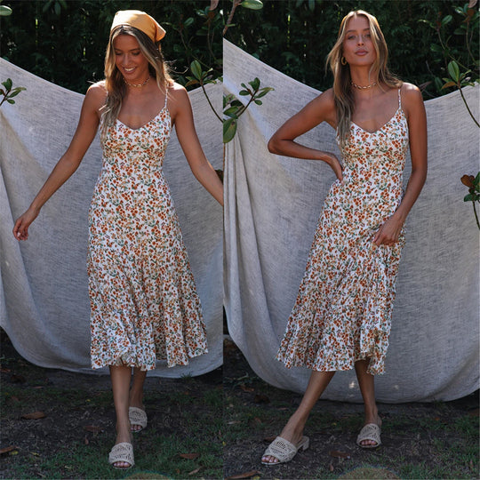 Damen Midi-Kleid mit floralen Rüschen und schwingendem Rock R&B