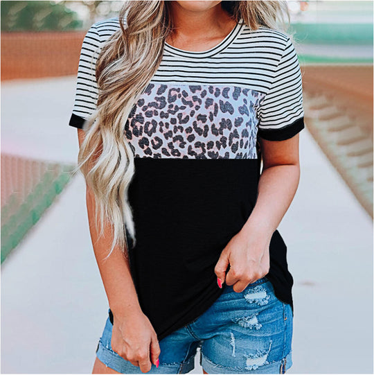 Damen Modisches T-Shirt mit Streifen- und Leoprint-Design R&B