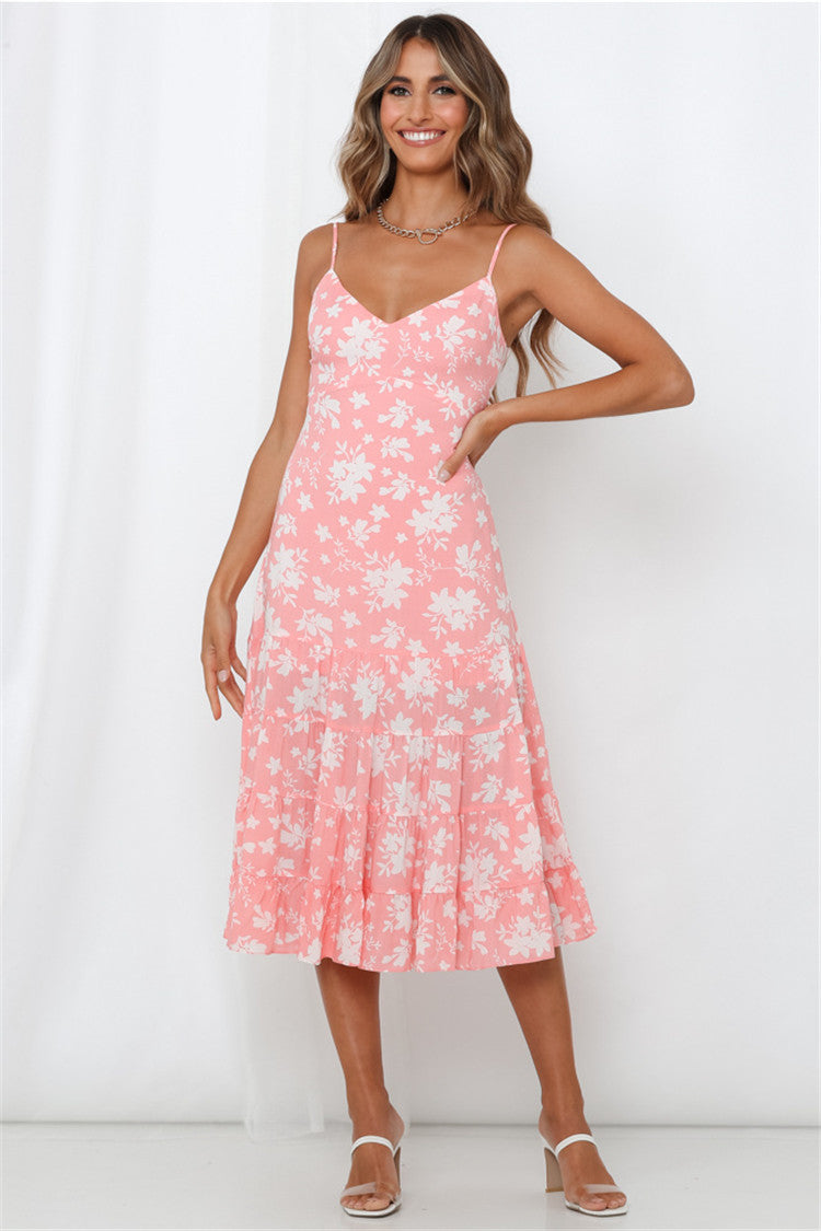 Damen Sommerliches Blumenkleid mit romantischem Volant und Spaghettiträgern R&B