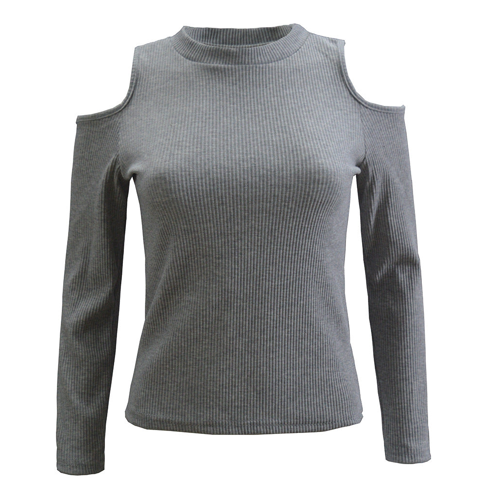 Damen schulterfreier Pullover mit langem Arm im feinen Rippenstrick R&B