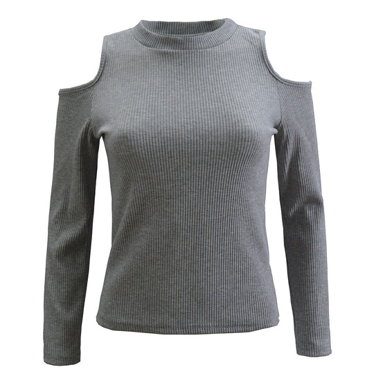 Damen schulterfreier Pullover mit langem Arm im feinen Rippenstrick R&B