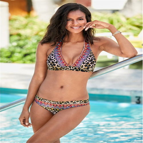 Damen Triangel-Bikini-Set mit auffälligen Mustern und verstellbaren Bindebändern R&B