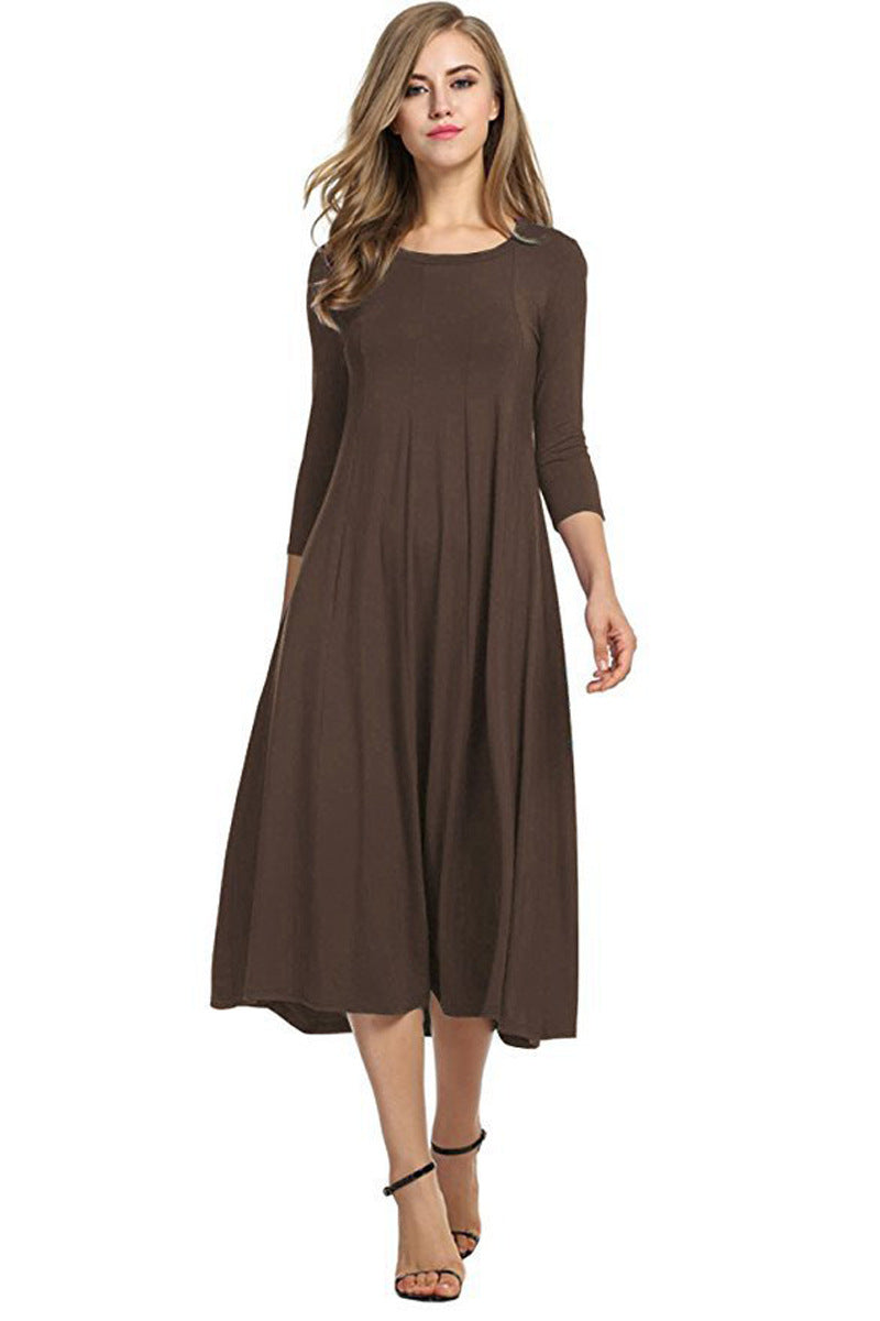 R&B | Quadrat-Ausschnitt 3/4-Lange Uni-Farbe Midi-Kleid