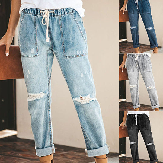 Damen entspannte Jeans mit verstellbarem Bund und modischen Rissen R&B