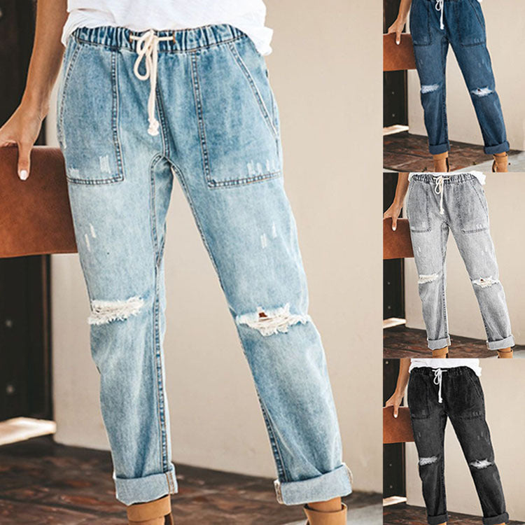 Damen modische Jeanshose mit hohem Bund und lässigem Schnitt R&B