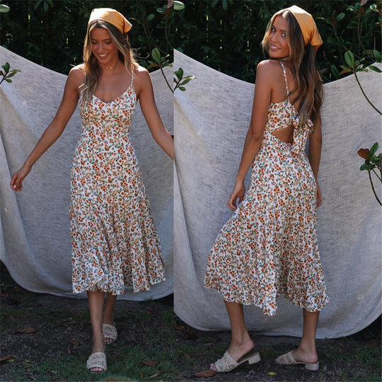 Damen Midi-Kleid mit floralen Rüschen und schwingendem Rock R&B