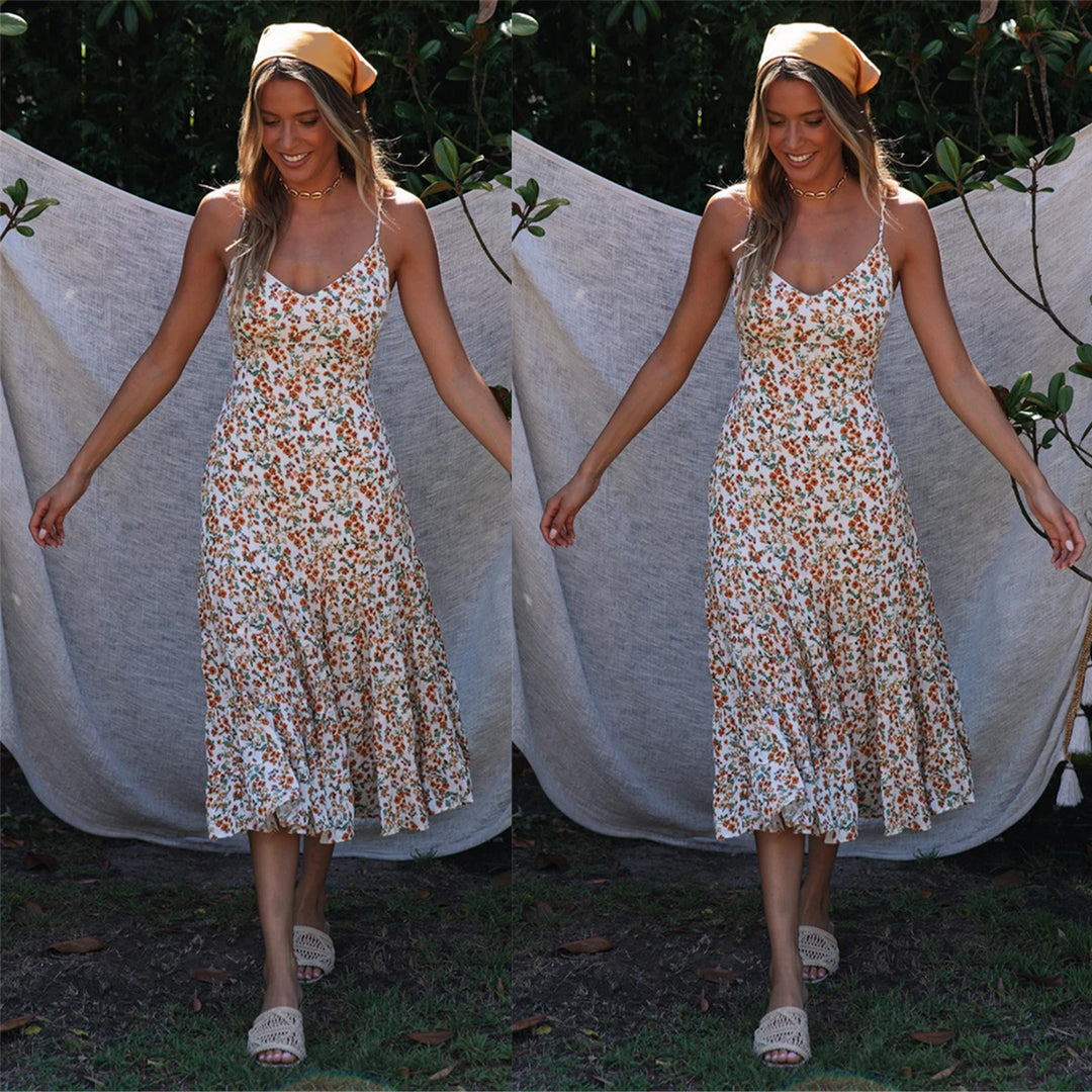 Damen Midi-Kleid mit floralen Rüschen und schwingendem Rock R&B
