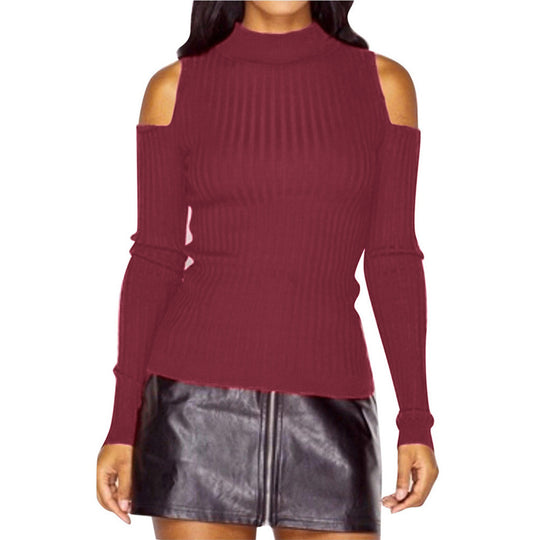 Damen schulterfreier Pullover mit langem Arm im feinen Rippenstrick R&B