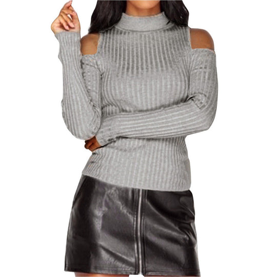Damen schulterfreier Pullover mit langem Arm im feinen Rippenstrick R&B