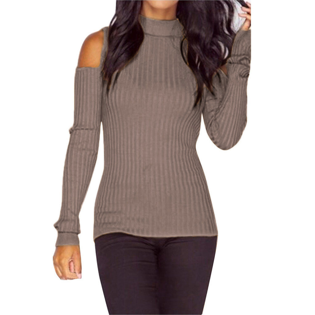 Damen schulterfreier Pullover mit langem Arm im feinen Rippenstrick R&B