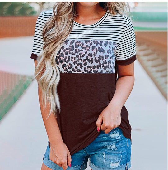 Damen Modisches T-Shirt mit Streifen- und Leoprint-Design R&B