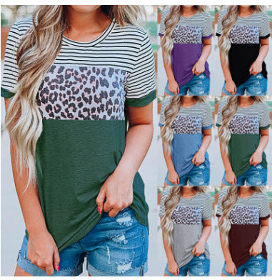 Damen Modisches T-Shirt mit Streifen- und Leoprint-Design R&B