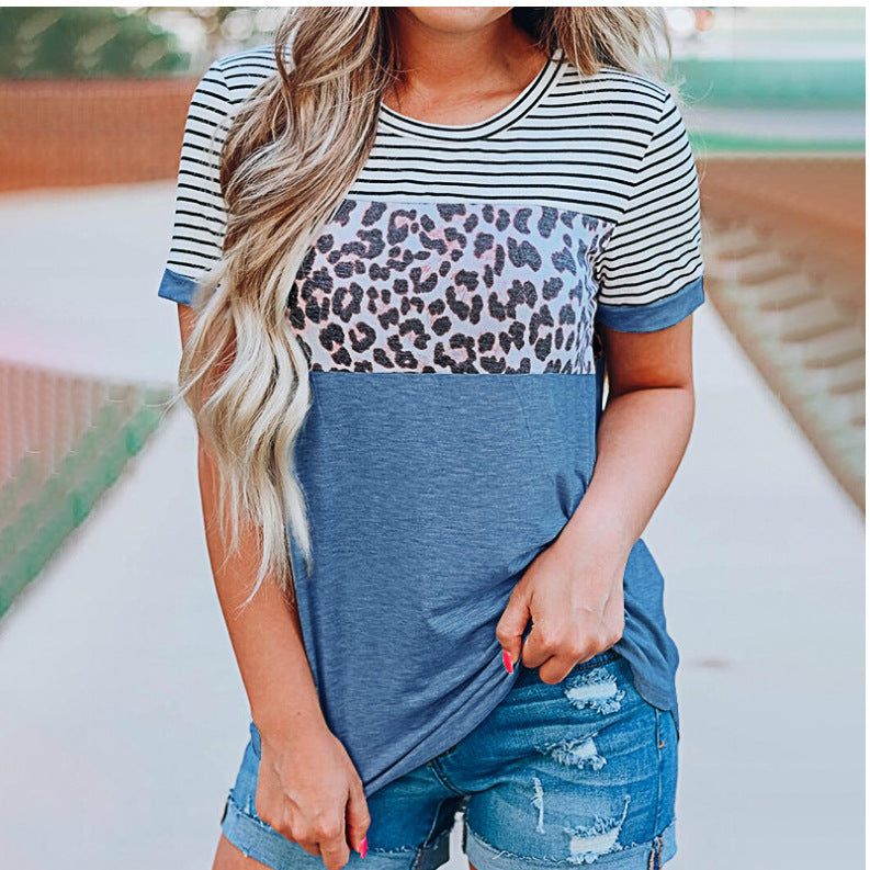Damen Modisches T-Shirt mit Streifen- und Leoprint-Design R&B