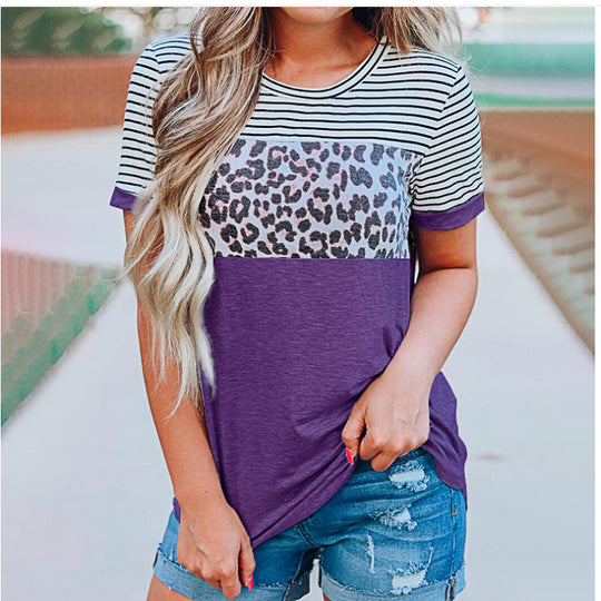 Damen Modisches T-Shirt mit Streifen- und Leoprint-Design R&B