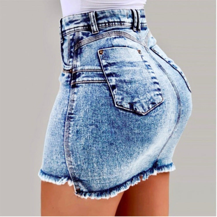 Damen Denim-Minirock im figurbetonten Schnitt mit fransigem Saum R&B