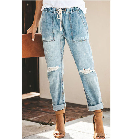 Damen modische Jeanshose mit hohem Bund und lässigem Schnitt R&B