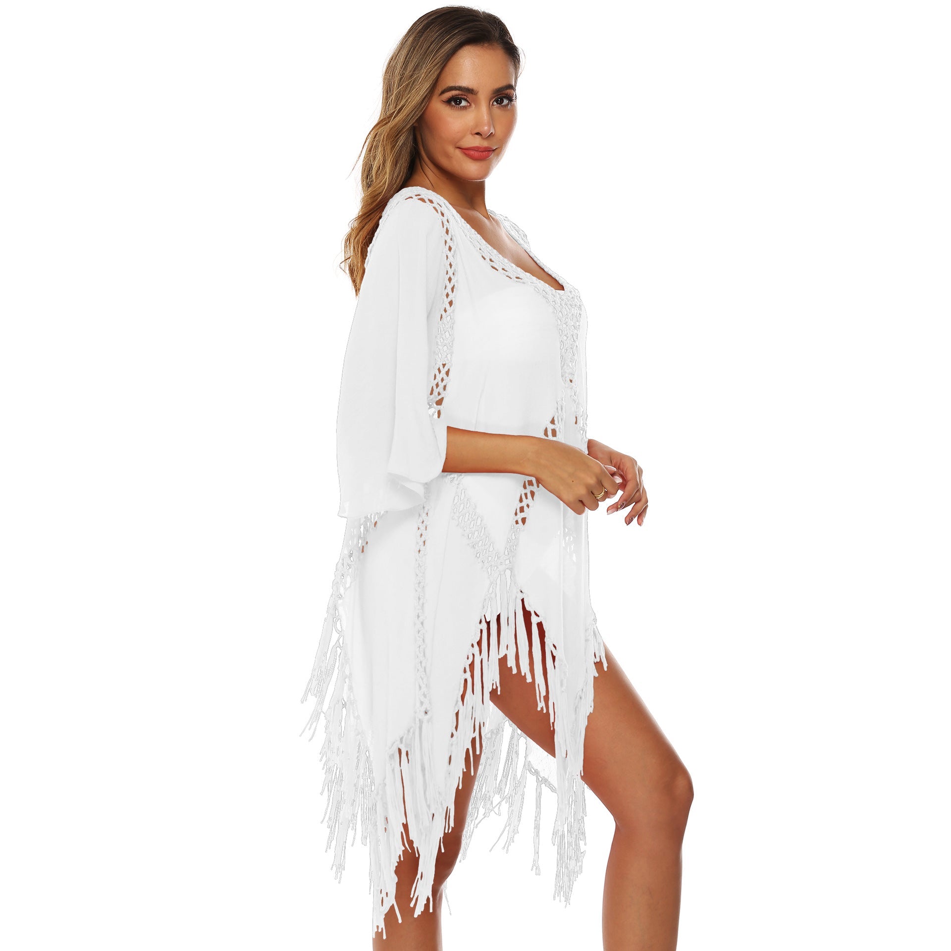Damen eleganter Häkel-Strandüberwurf mit Fransen R&B